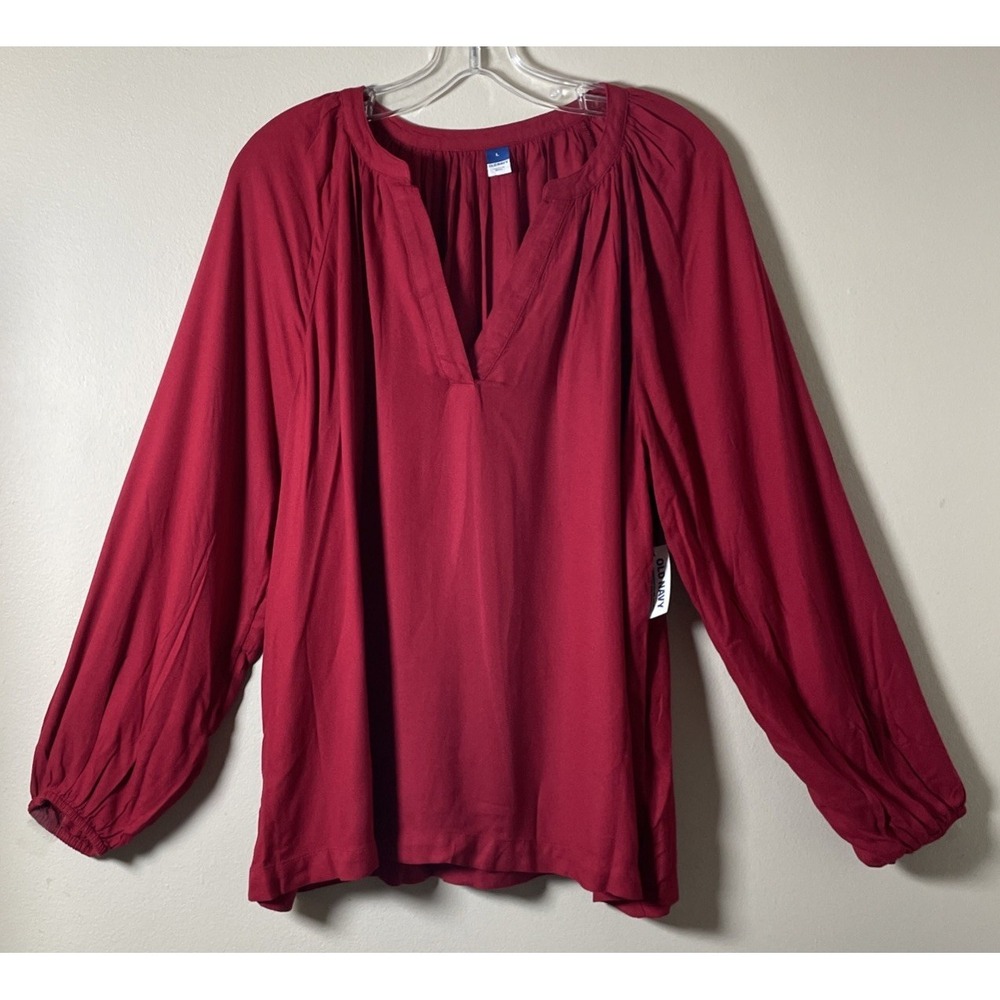 Old Navy Women's Red V‎ Neck Peasant Style Long Sleeve Elastic Cuffs Rayon Sz L